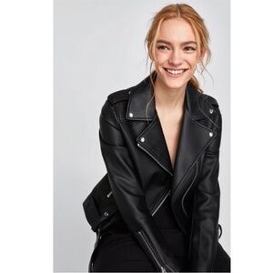 Zara Genuine Leather Black Biker Jacket